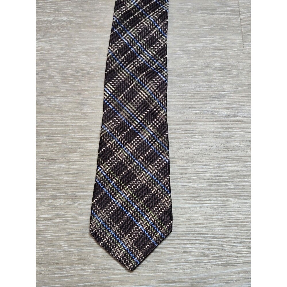 Jhane Barnes Extra Long Silk Plaid Dress Tie Brown Blue XL